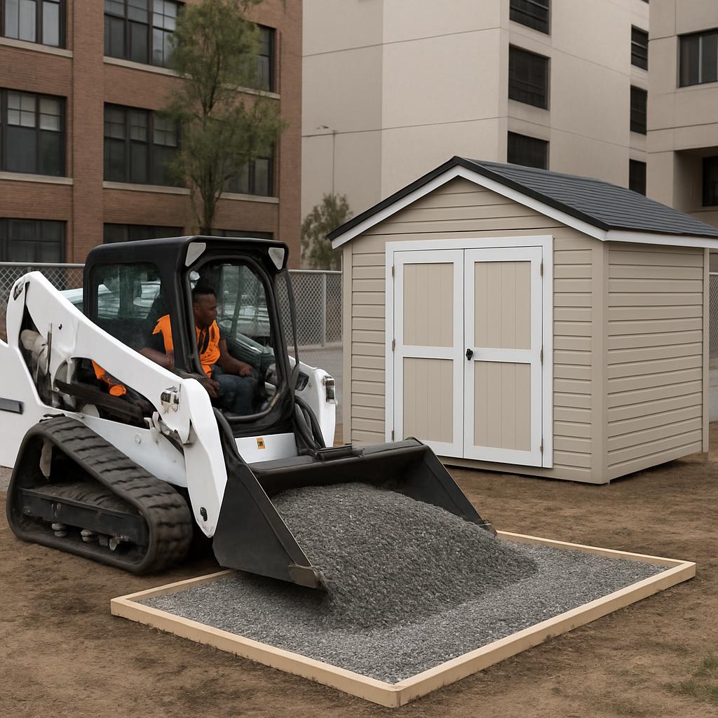 A man is operating a white bulldozer in a fenced dirt area beside a small shed. The white scoop shovel is loaded with gray...
